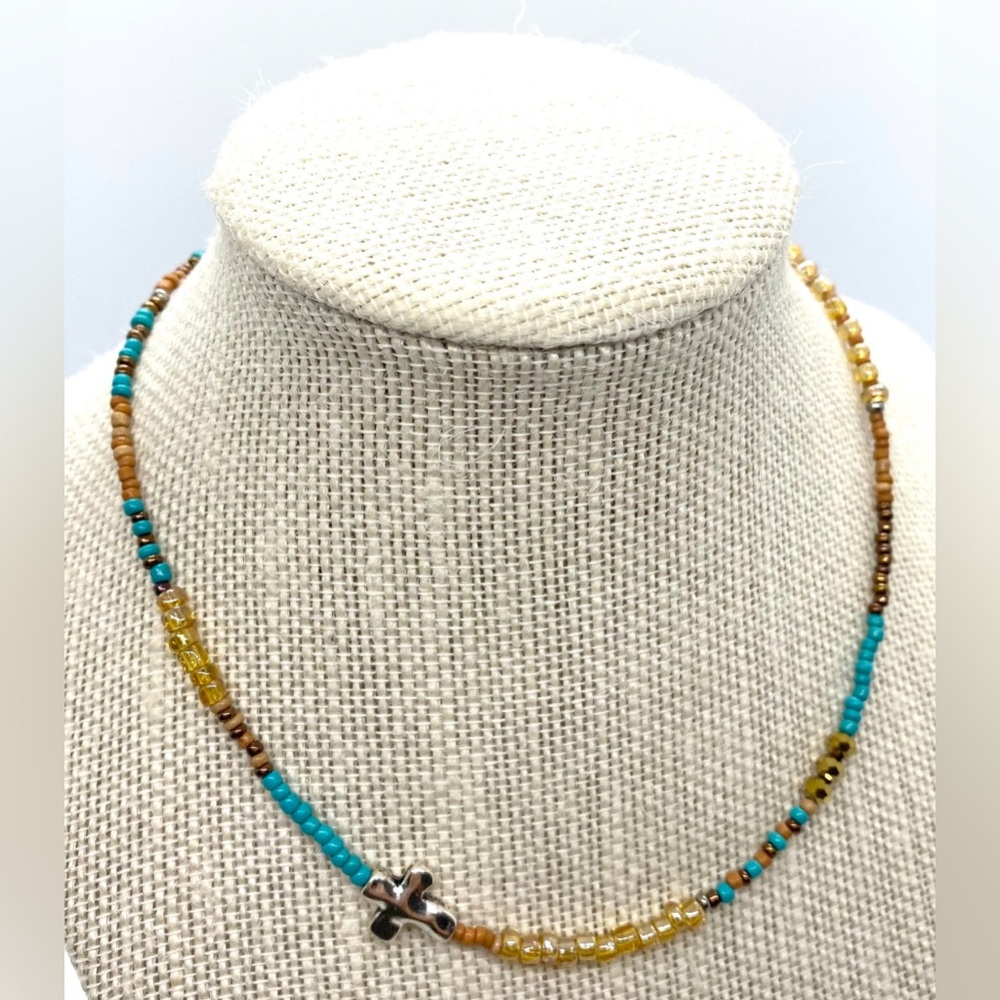Blue Beaded Necklace Silver Cross Boho Y2K Fall Festival Southwestern Eclectic - Picture 7 of 8